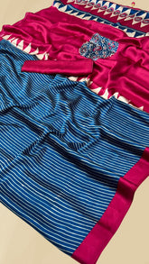 Blue and Pink Striped Temple Ajrakh Gajji Silk Saree